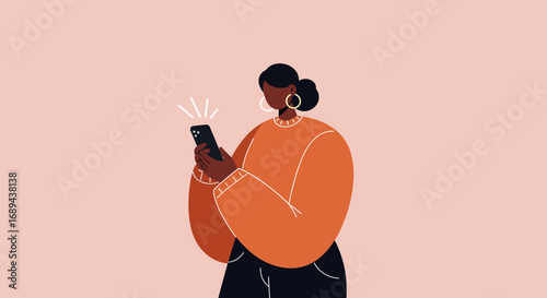 Illustrated woman checking her smartphone, receiving notifications or engaging online. Represents digital communication, social media, and modern lifestyle.