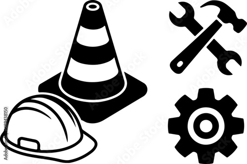 Construction Tools and Safety Gear Silhouettes – Hard Hat, Hammer, Wrench, Cone, and Gear