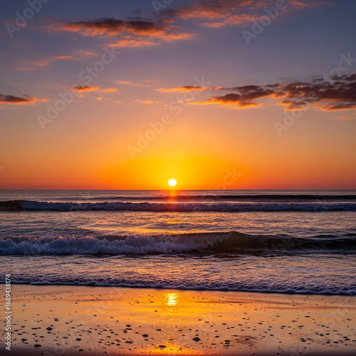 Stunning golden sunset reflecting on ocean waves creating a peaceful and tranquil beach scene