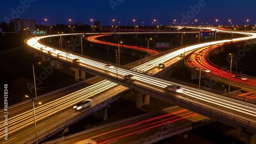 Nighttime highway interchange with streaks of car lights creating a dynamic urban energy.