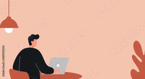 Modern illustration of a person focused on working or studying at a table with a laptop. Ideal for themes of remote work, online education, or digital lifestyle.