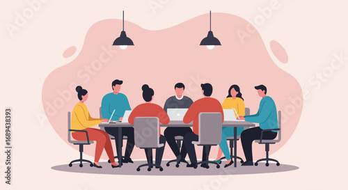 Diverse business professionals are engaged in a collaborative meeting around a table, working on laptops and discussing strategies. Ideal for corporate, teamwork, or modern office themes.
