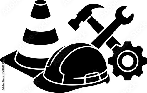 Construction Tools and Safety Gear Silhouettes – Hard Hat, Hammer, Wrench, Cone, and Gear