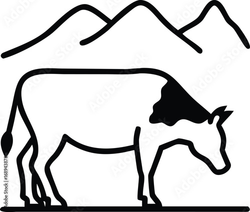 Stylized silhouette of a cow grazing in a mountainous landscape