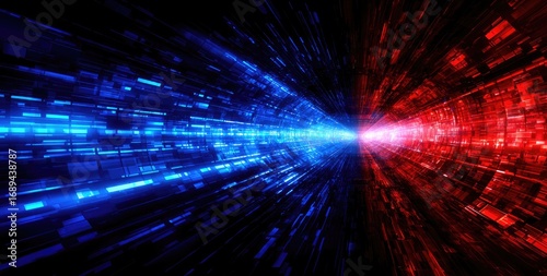 A futuristic tunnel, vibrant with blue and red light, radiates energy through a complex network of glowing modules.