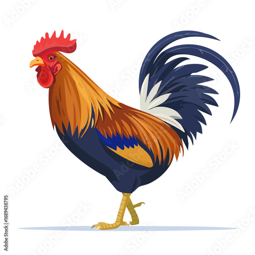 Colorful Rooster Illustration Facing Left With Dark Blue And Brown Plumage