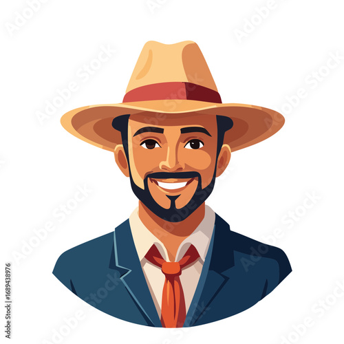 Smiling cartoon man in a hat, suit, and tie with a beard against a black background, cartoon style vector portrait.