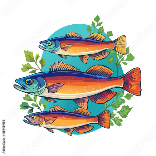 Illustration of three colorful fishes swimming in formation with decorative greenery.