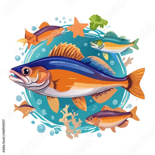 Illustration of colorful fish swimming in ocean with seaweed, starfish and bubbles.
