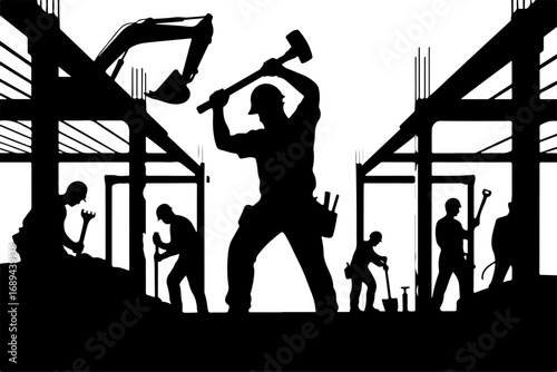 Construction Workers Silhouette Vector Graphic Bundle – Building and Labor Work Illustration