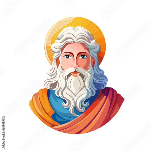 Cartoon Illustration of Divine Being with Halo, White Hair and Beard