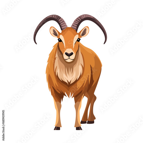 Cartoon Illustration of a Fawn Colored Ibex with Large Horns Standing Alert