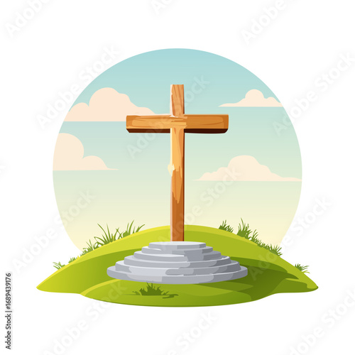 Wooden cross on a hill illustration. Christian faith symbol, religious landscape background, cloudy sky, stone stairs.