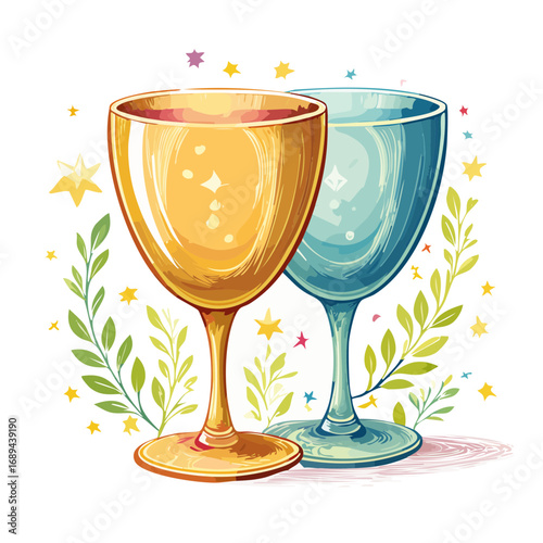 Celebration with Golden and Blue Wine Glasses Decorated with Stars and Foliage