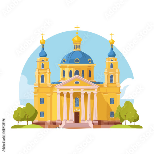 Colorful Illustration of Orthodox Church with Gold Domes and Green Trees