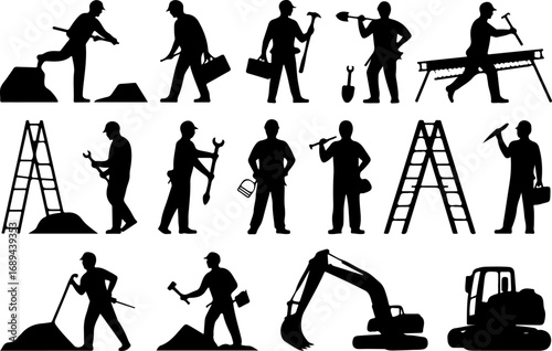 Construction Workers Silhouette Vector Graphic Bundle – Building and Labor Work Illustration