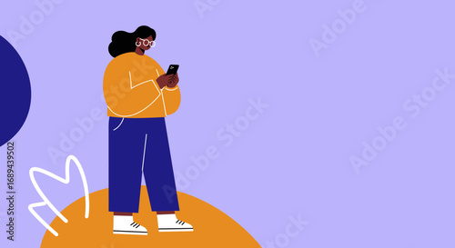 Modern illustration of a woman standing and actively using her smartphone, depicting connectivity, communication, and digital lifestyle. Ideal for technology or social media concepts.
