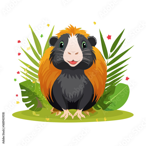 Cartoon guinea pig illustration Cute pet surrounded by tropical leaves and confetti Festive celebration design Vector art