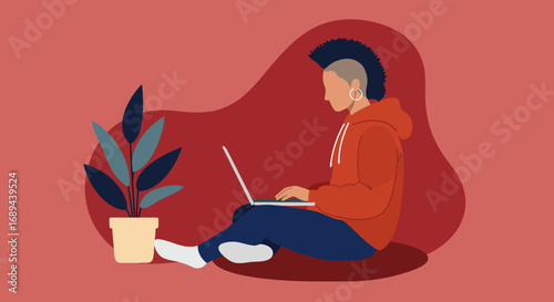 Modern person with a mohawk working remotely on a laptop, embodying creativity and focused productivity. Ideal for digital lifestyle, tech, and freelance concepts.