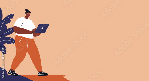 Professional person working remotely on a laptop while walking. Ideal for concepts of productivity, freelance work, and modern digital lifestyle.