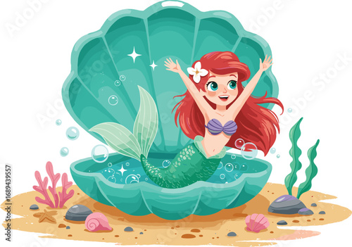 Art & IllustrationBeautiful, cartoon, mermaid, sitting, in, pink, seashell, underwater, scene, fantasy, ocean, theme, Ariel-inspired, illustration, sea, princess, colorful, aquatic, magical, fairytale