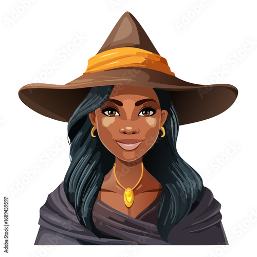 Portrait of an African-American witch with a pointed hat and golden jewelry on black background. Cartoon style Halloween magic theme.