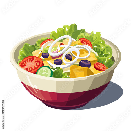 Fresh salad bowl illustration with lettuce tomatoes onions cucumbers and olives
