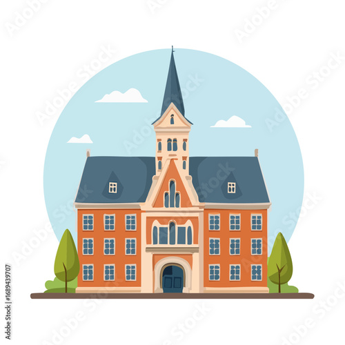 Illustrated university building facade with a spire illustration school architecture