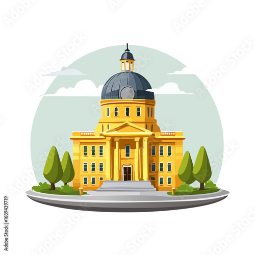 Cartoon Capitol building illustration with dome facade trees and clouds