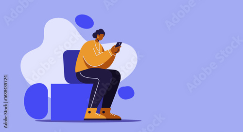 Woman engaged with her smartphone in a modern, abstract digital environment. Represents online communication, social media, and digital lifestyle.