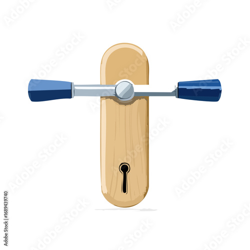 Illustrated woodworking clamp illustration features a cartoon wooden clamp with blue handles on a black backdrop