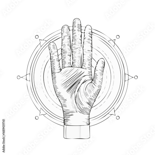 Open Hand in Circle Frame Vintage Illustration Symbolic Gesture Palmistry Spirituality Occult Art Vector
