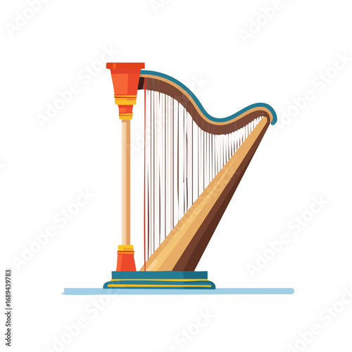 Elegant illustration of a harp musical instrument with strings and wood detail against a dark background