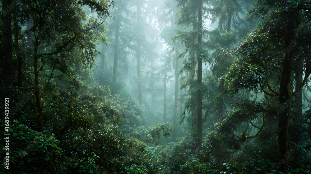 Obraz premium Misty Rainforest: Lush Green Canopy & Foggy Forest Path