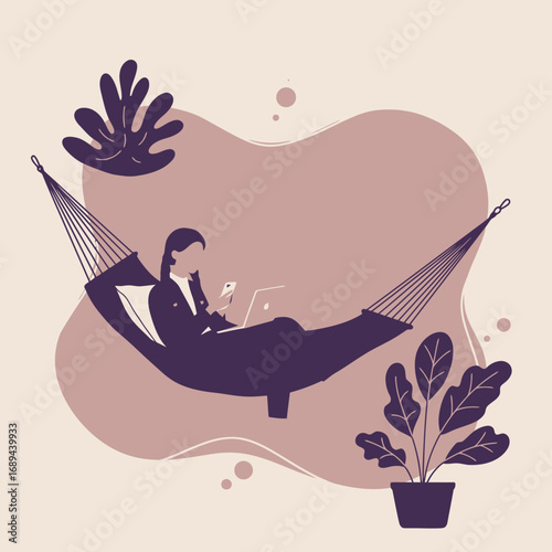 Woman in business attire working remotely from a hammock with a laptop and phone, embodying modern flexible work-life balance and digital nomad lifestyle.
