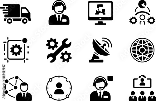 Customer Service and Logistics Icons Vector Graphic Bundle – Support and Delivery Silhouettes