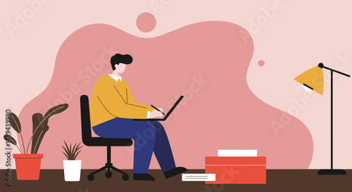 Man working remotely on laptop with a stylus in a modern home office setting, illustrating productivity and creative work. Ideal for business, freelance, or lifestyle concepts.
