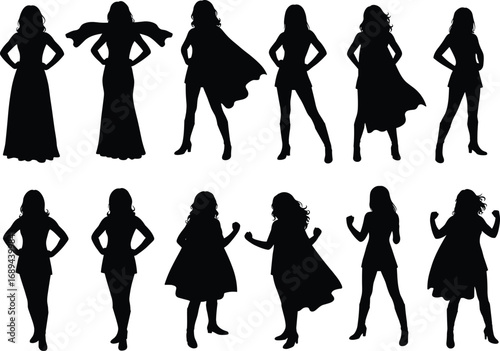 Silhouettes of confident women in dresses, capes, powerful poses, standing, strong female figures, various outfits, black vector icons, empowerment, fashion