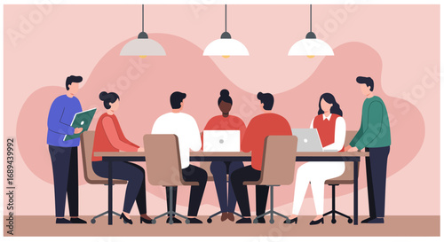 Diverse business team actively collaborating in a modern office meeting, discussing projects and strategy. Highlights teamwork, innovation, and corporate productivity.