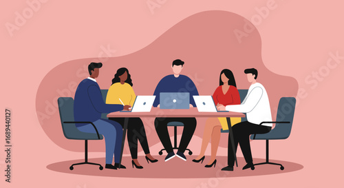 Diverse team of professionals collaborating in a modern office meeting, using laptops for business strategy and communication. Concept of teamwork and productivity.
