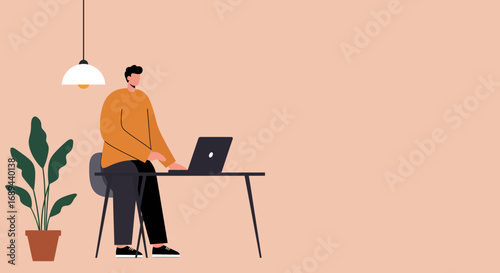 Man working remotely on a laptop at a modern home office with a plant. Illustrates productivity, flexible work, online learning, or digital business.