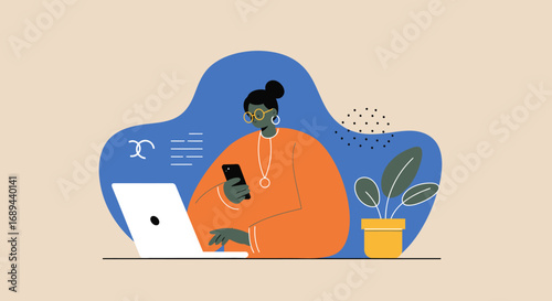 Professional woman multitasking, engaged with her smartphone and laptop in a modern digital workspace. Ideal for remote work, online communication, and a tech-savvy lifestyle.