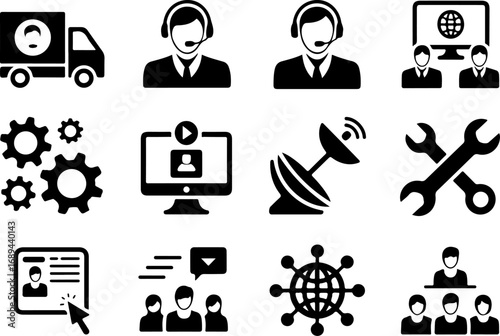 Customer Service and Logistics Icons Vector Graphic Bundle – Support and Delivery Silhouettes