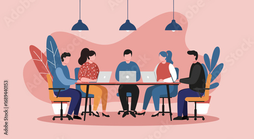 Diverse team of professionals collaborating and working productively at a modern office table with laptops. Ideal for business, startup, or technology concepts.