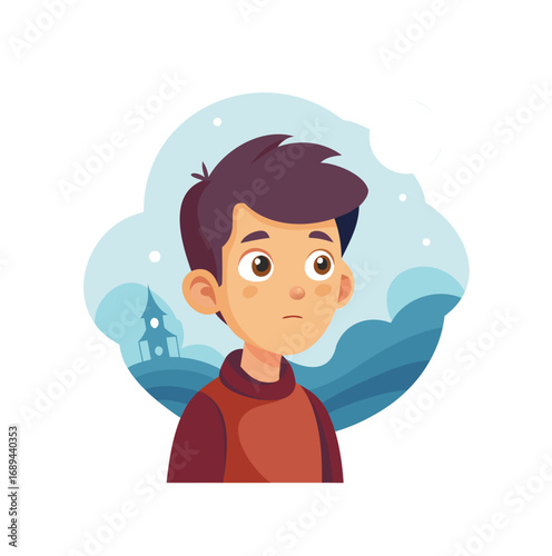 Distant Boy Thinking – Minimal Vector Illustration on White Background.