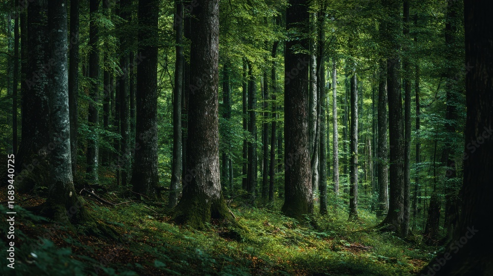 Fototapeta premium dark green beech stand growe texture in summer forest tree trunks in shadows no logos no brands ar 169