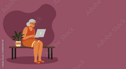 Senior woman with glasses uses a laptop on a bench with a plant, illustrating digital literacy, online learning, and modern senior lifestyle.