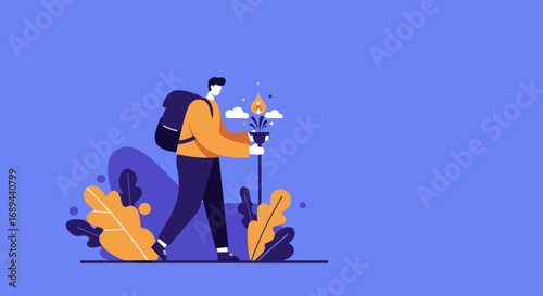 A person with a backpack and a guiding torch embarks on a journey of discovery through nature. Ideal for themes of adventure, exploration, and finding solutions.