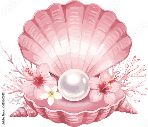 Art & IllustrationWatercolor pink seashell with pearl, tropical hibiscus flowers, coral branches, beach ocean decor, elegant marine coastal summer illustration