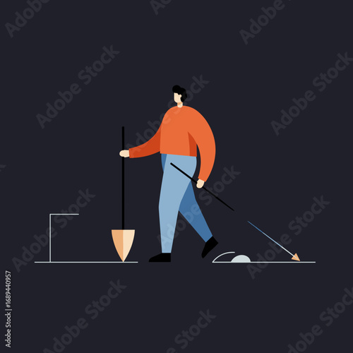 Determined person uses a shovel and measuring tool to uncover a hidden target, symbolizing strategic planning, effort, and problem-solving for business goals.